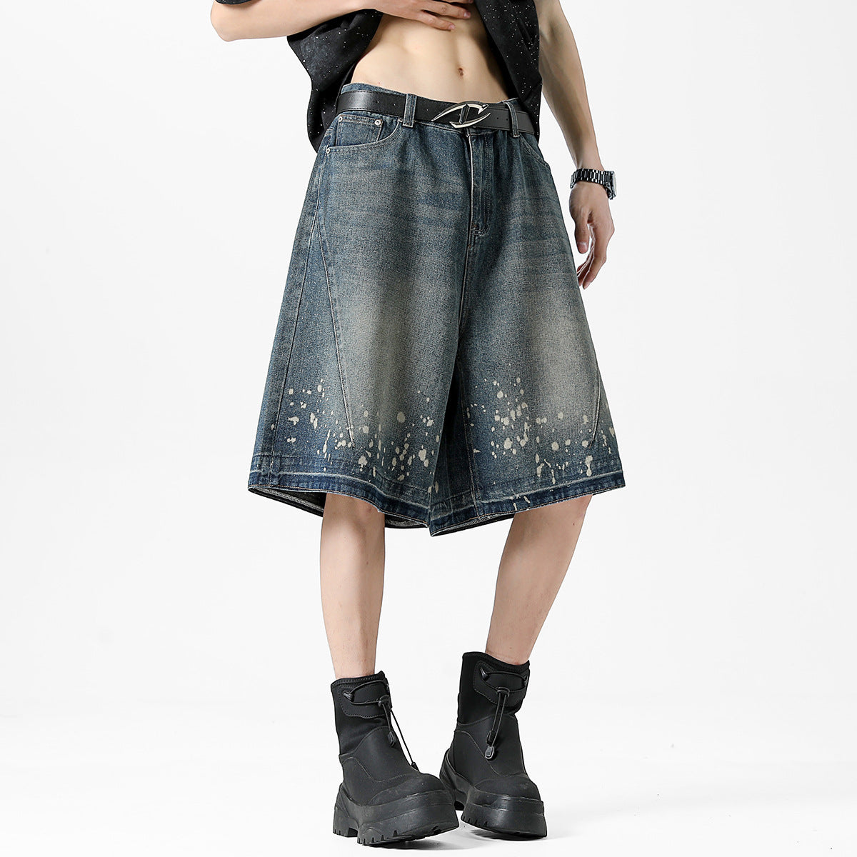 Retro Washed Ripped Splash Ink Five Points Denim Men's Shorts - D&A