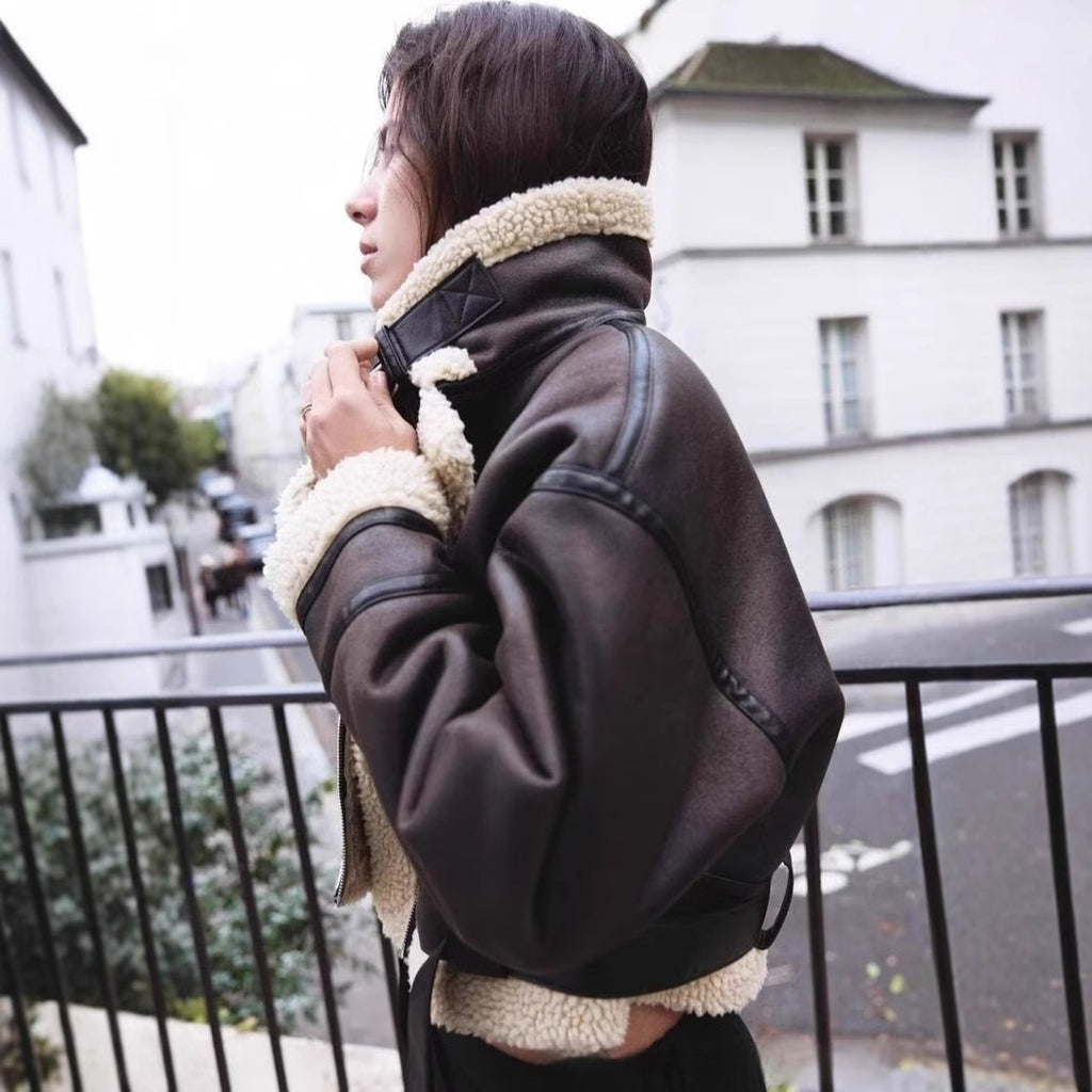 Wear Fur Integrated Lapel Thickening Warm Double-sided Casual Short Jacket Coat - D&A