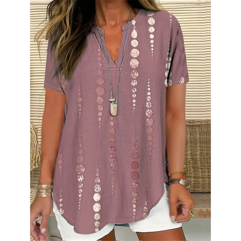 3D Printed Women's Spring And Summer Loose V-neck Short Sleeve Top - D&A