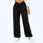 High Waist Pure Color Pocket Ankle-tied Trousers Casual Pants For Women Black - D&A