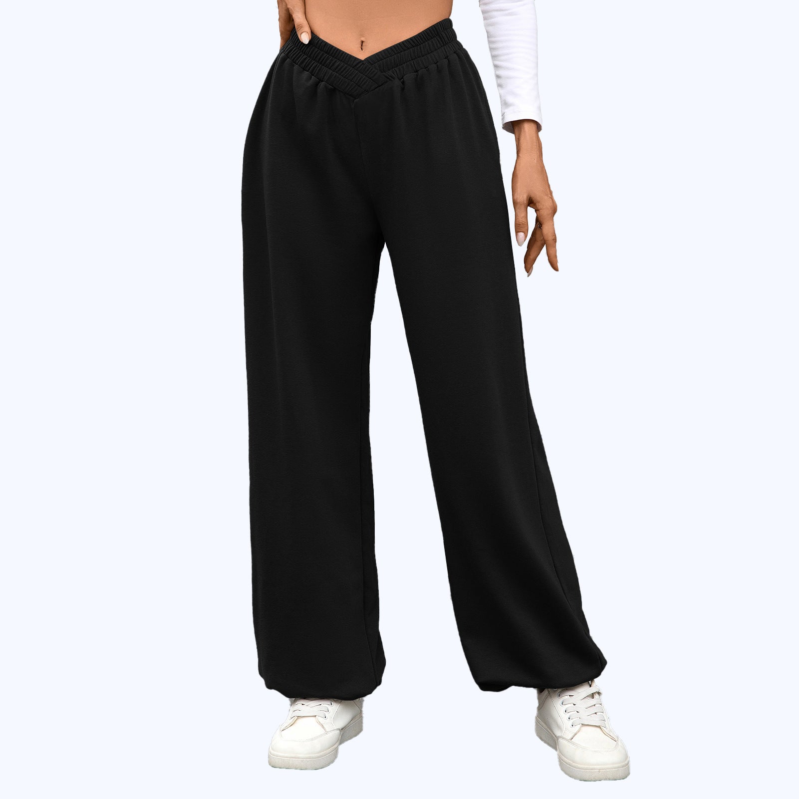 High Waist Pure Color Pocket Ankle-tied Trousers Casual Pants For Women Black - D&A