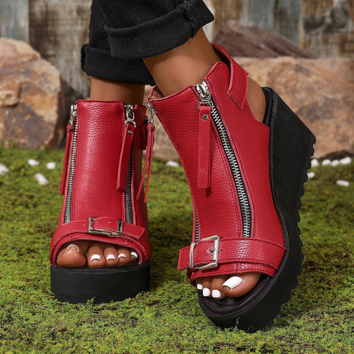 Round Toe Double Zipper Heel Buckle Hollow Women's Sandals - D&A