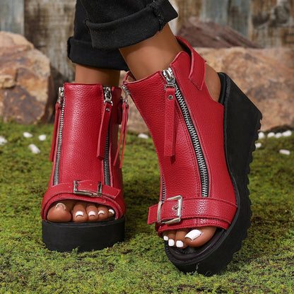 Round Toe Double Zipper Heel Buckle Hollow Women's Sandals - D&A