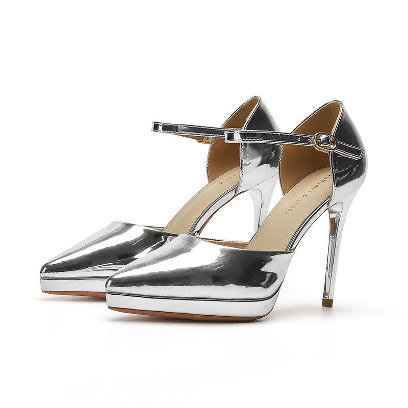 Pointed-toe Waterproof Platform Hollow 10 5cm Women's High Heels Silver - D&A