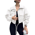 Solid Color Women's Short Jacket Zipper Trench Coat - D&A