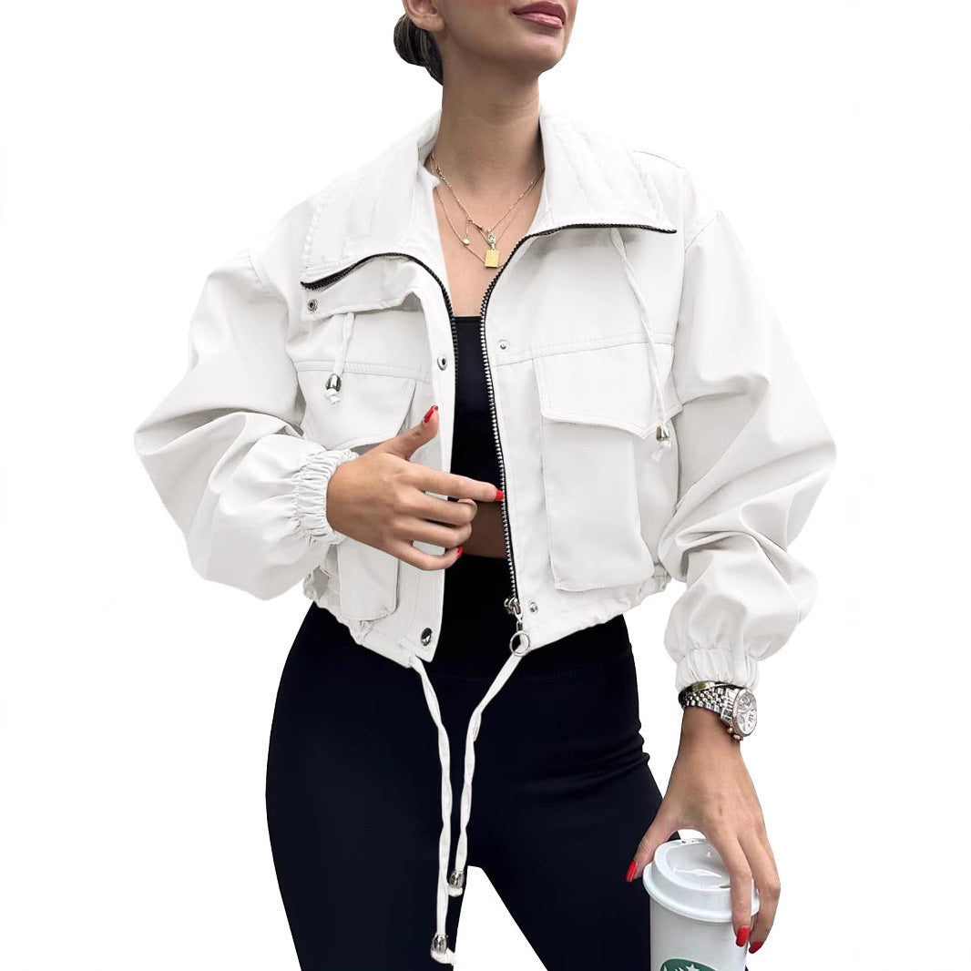 Solid Color Women's Short Jacket Zipper Trench Coat - D&A