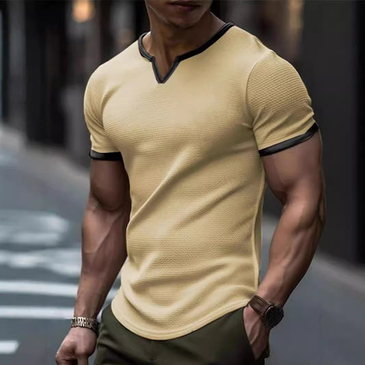 Color-block V Neck Outdoor Sports Waffle T-shirt - D&A