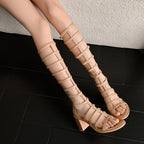 Nude High Heels Women's Summer Open Toed Hollow Thin High Tube Sandal Boots - D&A