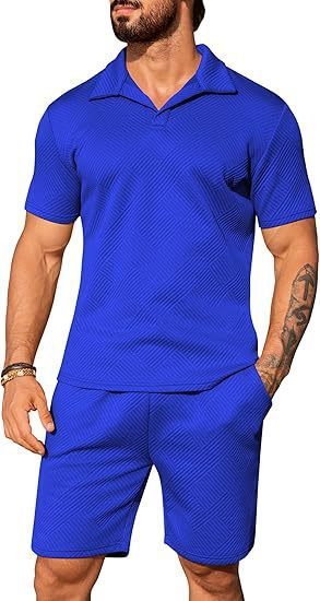 Men's Casual Solid Color Polo Short Oversleeves Blue - D&A