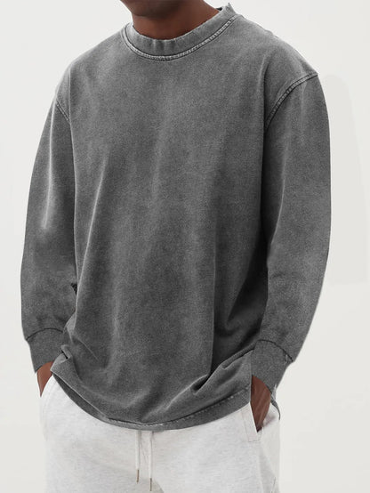 Washed Old Solid Color Men's Long-sleeved T-shirt Gray - D&A