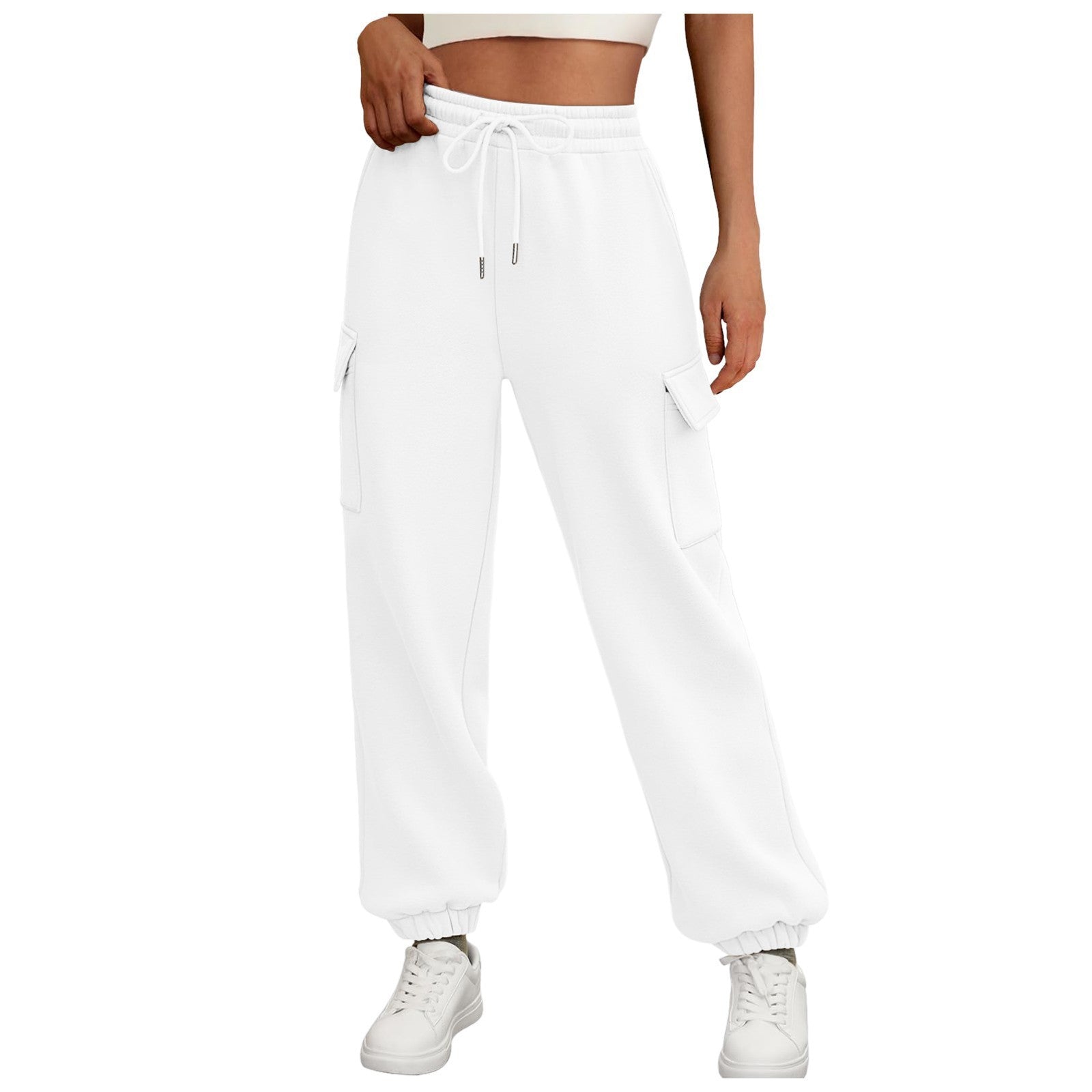 Casual Side Pocket Elastic Waist Solid Color Straight-leg Pants White - D&A