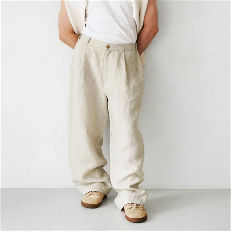Men's Loose Linen Pleated High Waist Jogger Pants Breathable Daily Casual Pants Khaki - D&A