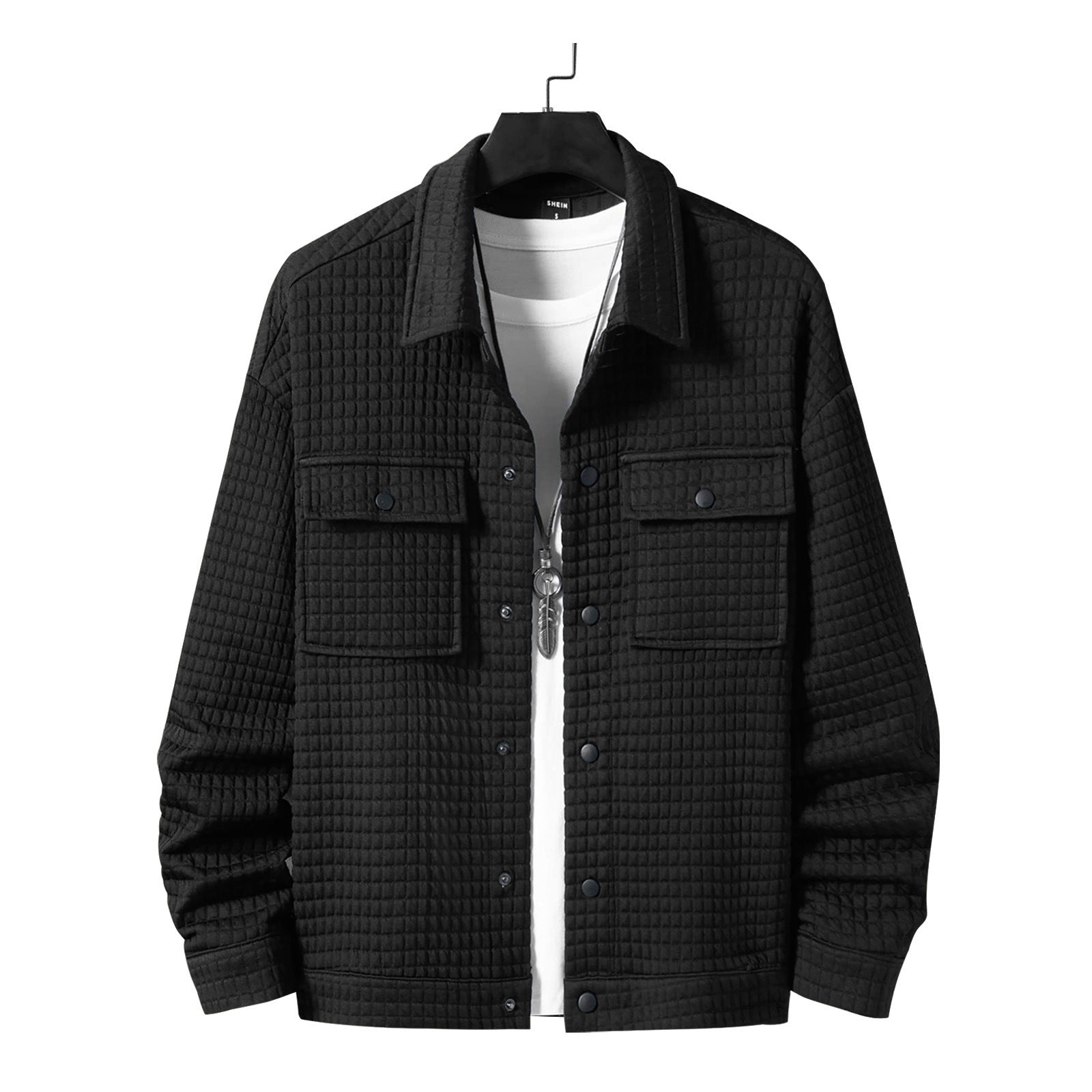 Men's Casual Jacquard Plaid Baggy Coat Shirt Black - D&A