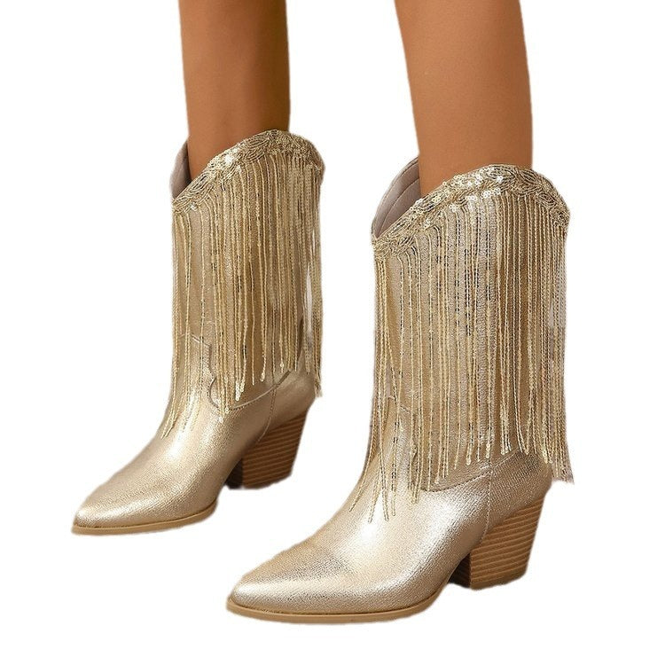 European And American Fashion Middle Fashion Boots Female Retro Chunky Heel Pleated Western Knight - D&A