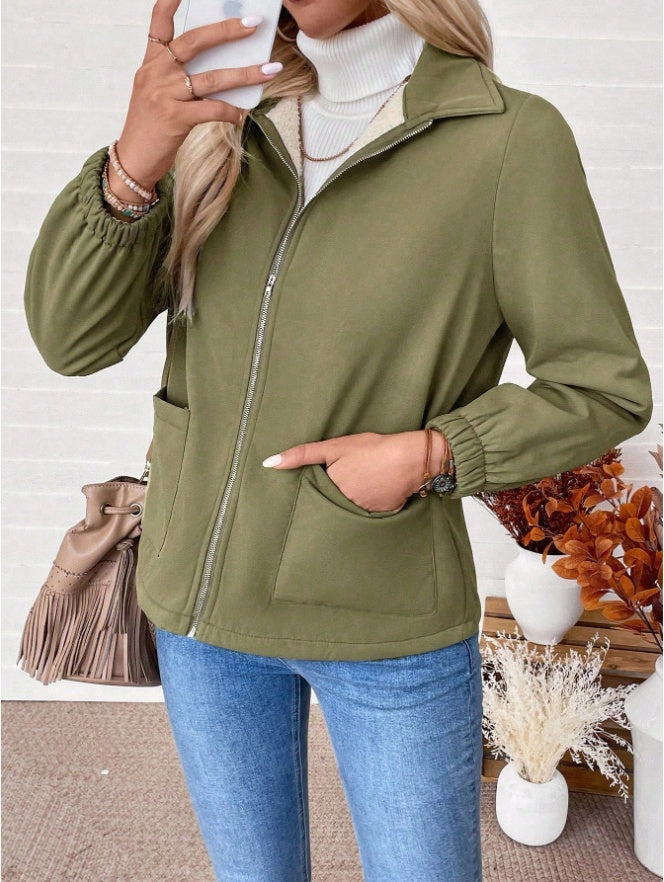 Casual Solid Color Zipper Fleece Jacket, Autumn Winter - D&A