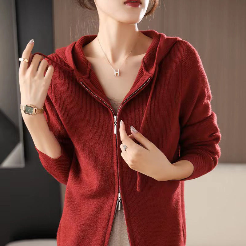 Double-headed Zipper Hooded Knit Women's Cardigan Coat Wine Red Free Size - D&A