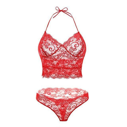 New erotic lingerie Sexy perspective pajamas set Sling lace lingerie Gules - D&A