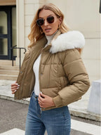Women's Chic Mint Green Puffer Jacket With Faux Fur Trim Hood - D&A