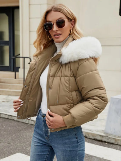 Women's Chic Mint Green Puffer Jacket With Faux Fur Trim Hood - D&A