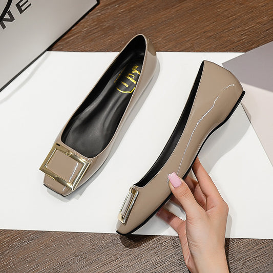 Square Buckle Flats Patent Leather Square Toe Low-cut Shoes - D&A