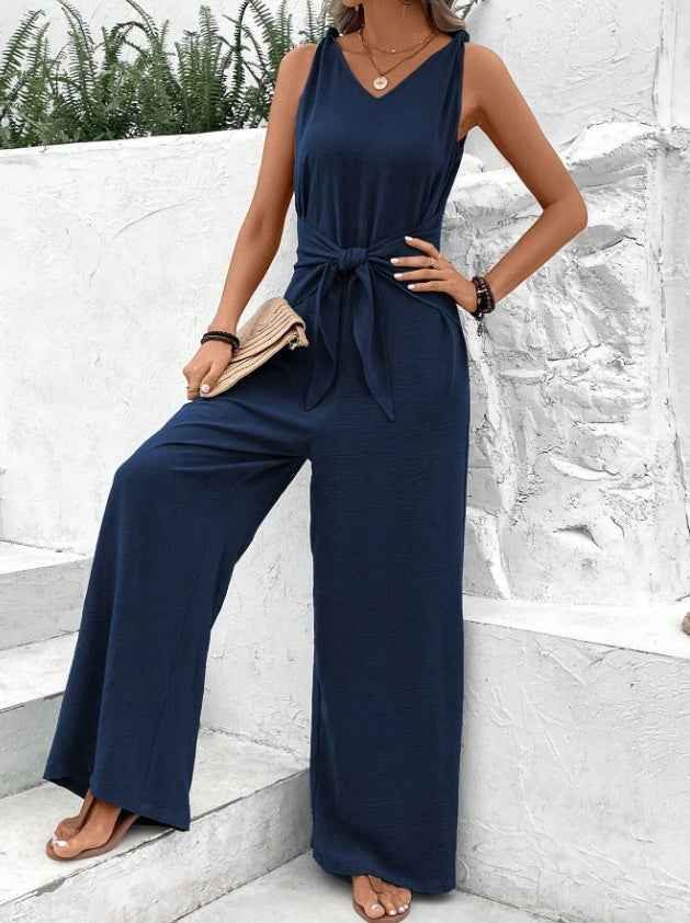 Blue V-Neck Twist Strap Jumpsuit For Women
