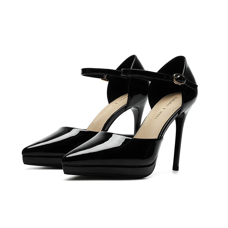 Pointed-toe Waterproof Platform Hollow 10 5cm Women's High Heels Black - D&A
