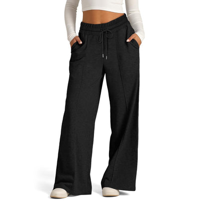 Women's Lace-up Solid Color Waist Tight Fashion Wide-leg Casual Pants Black - D&A