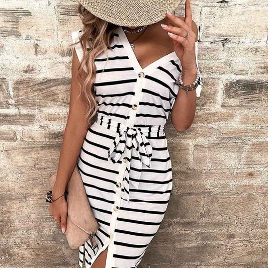 Striped Lace-up Cardigan Single-breasted Split Dress