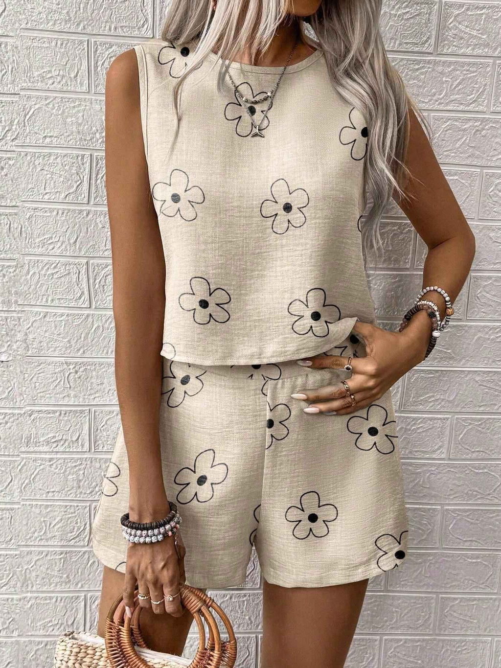 Casual Craft Stripe Printing Sleeveless Tank Top Shorts Suit