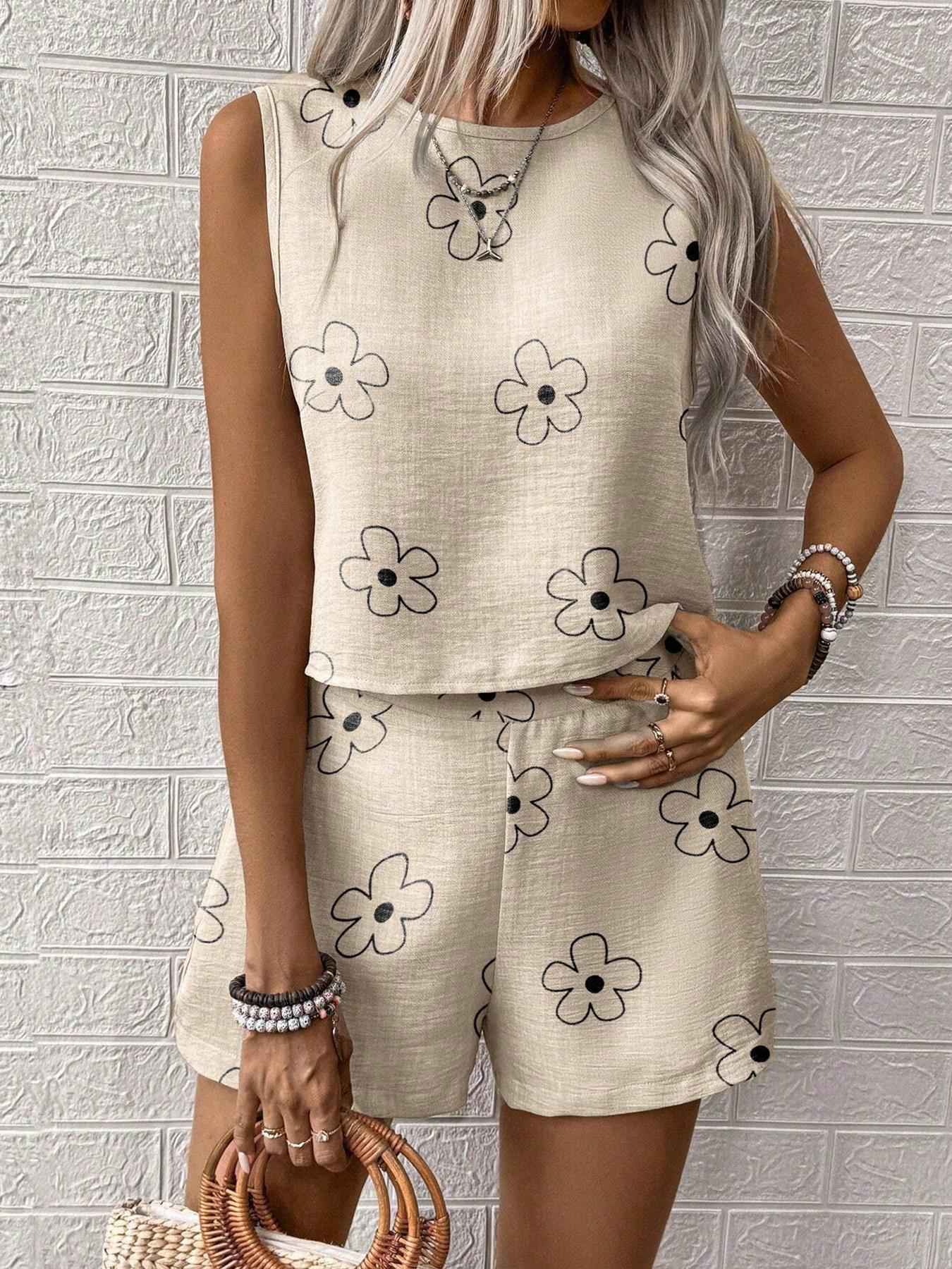 Casual Craft Stripe Printing Sleeveless Tank Top Shorts Suit