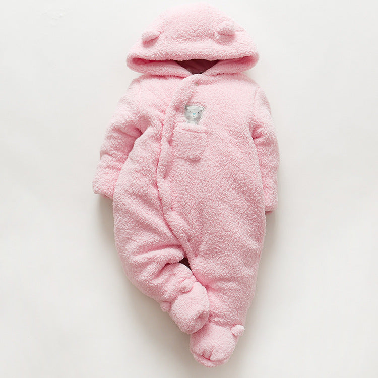 Baby clothes lamb winter cotton padded clothes baby newborn baby skin thickening climb Siamese clothes cotton Pink - D&A