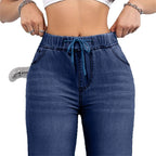 Oversized Jeans Drawstring Elastic Waistband Plain Washed Blue Casual - D&A