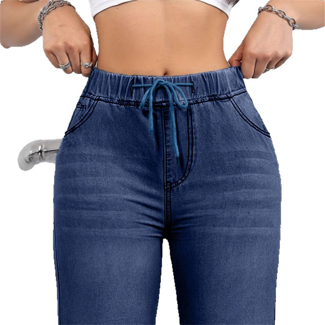 Oversized Jeans Drawstring Elastic Waistband Plain Washed Blue Casual - D&A