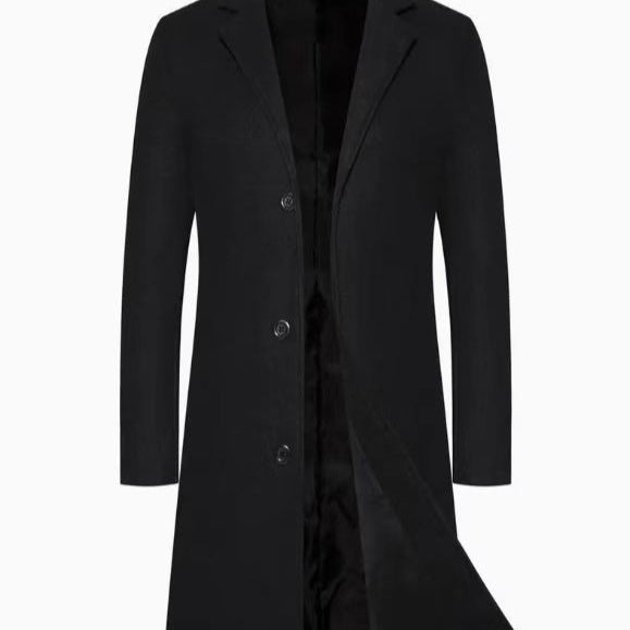 Men's Casual Extended Above The Knee Woolen Trench Coat Black - D&A