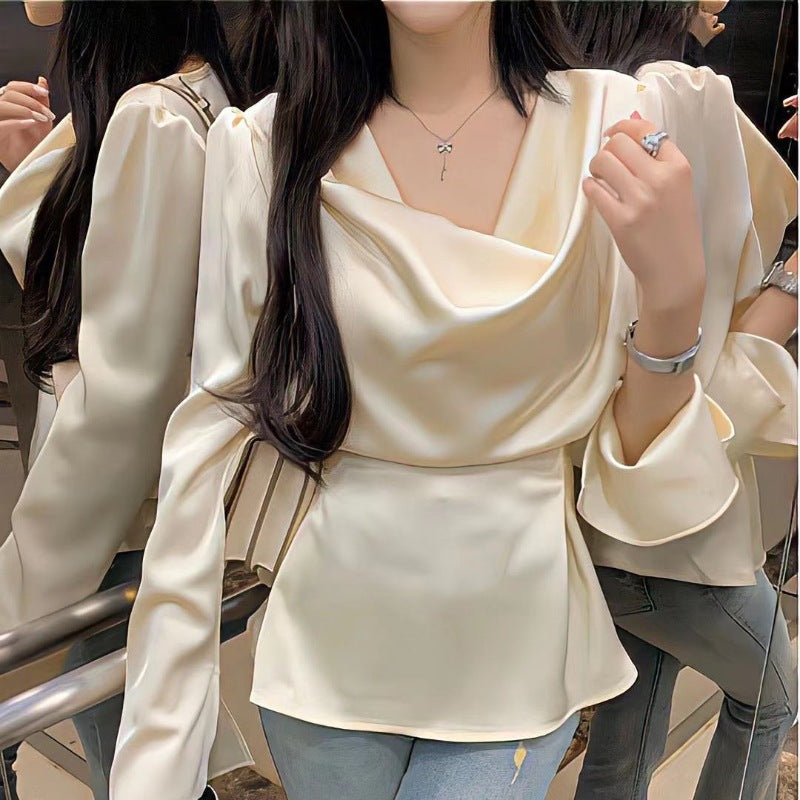 High-end Irregular Bell Sleeve Waist-tight Graceful Satin Long Sleeve Shirt - D&A