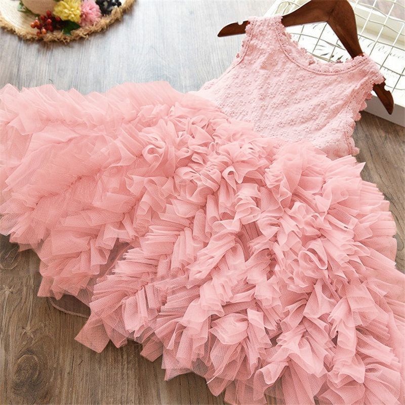 Autumn And Winter Explosions Hollow Children's Skirt Lace Long-sleeved Girls White Princess Dress Irregular Dress Light pink - D&A