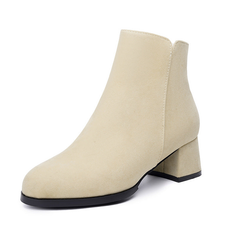 Pointed-toe Frosted Suede Side Zipper Chunky Heel Mid Heel Plus Size Female Boots - D&A