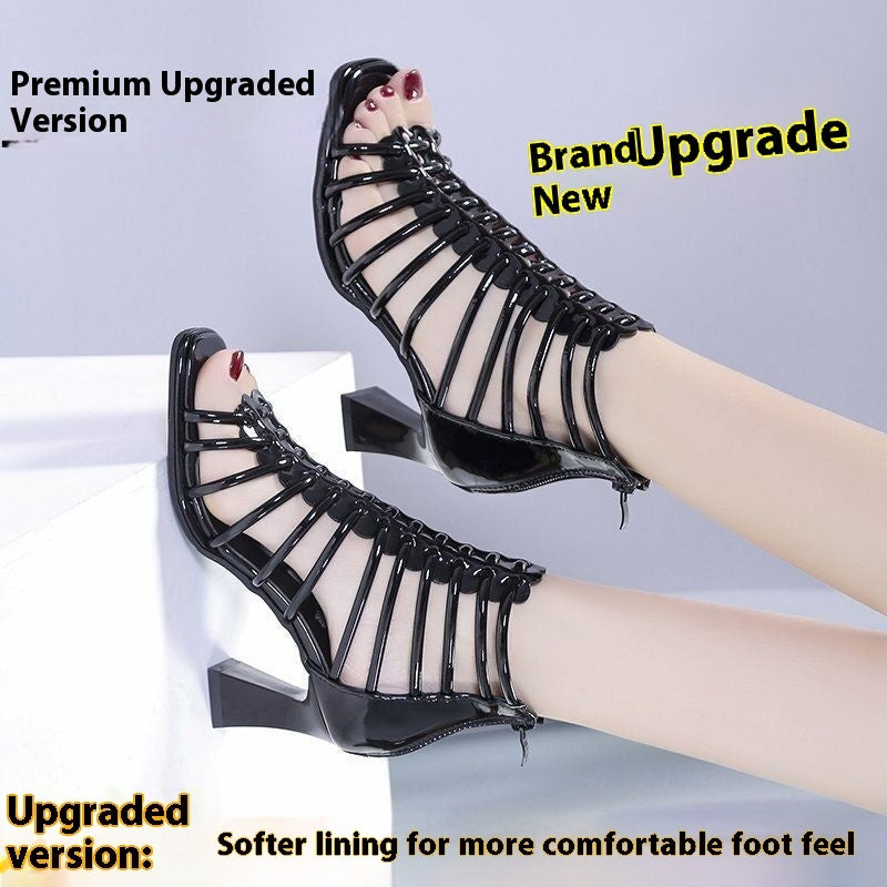 Horseshoe Heel Roman Sandals High-top Peep Toe Shoes Black Upgrade - D&A