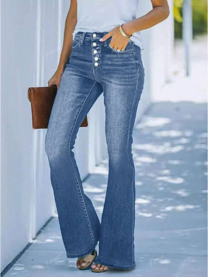 Women's Casual Personalized Multi-Button Slim Fit Flare Jeans - D&A