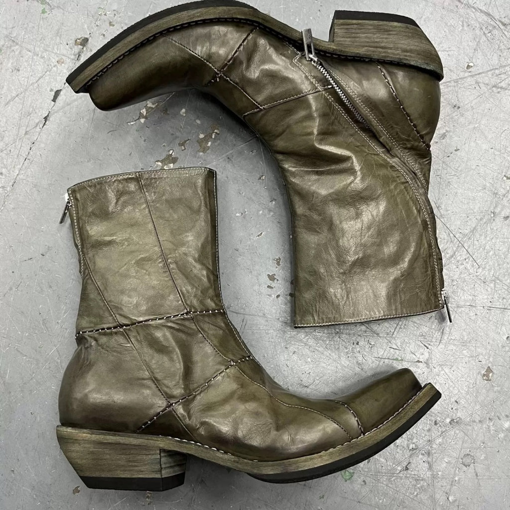 Men's Retro Dark Stitched Patchwork Square Toe Boots - D&A