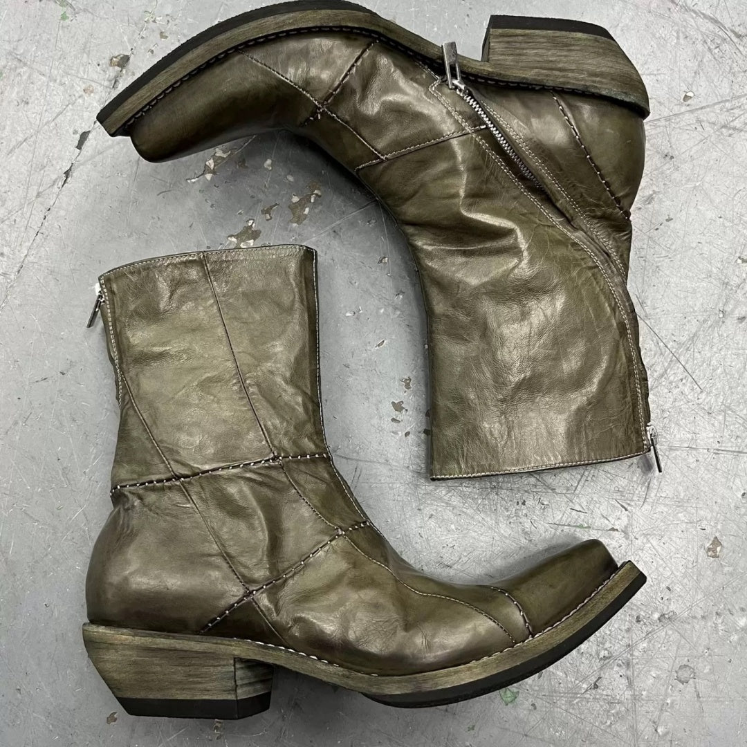 Men's Retro Dark Stitched Patchwork Square Toe Boots - D&A