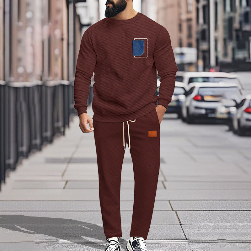 Men's Sport Suit Color Matching Sweater Two-piece Casual Fashion Wine Red - D&A