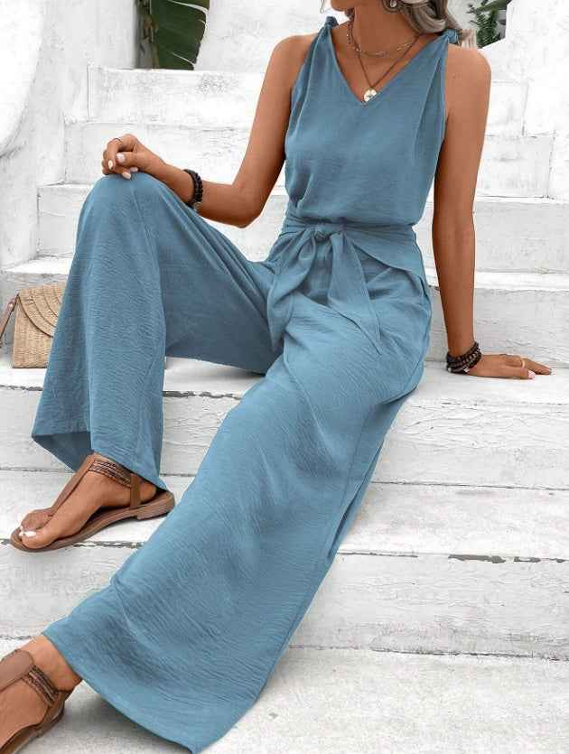 Blue V-Neck Twist Strap Jumpsuit For Women