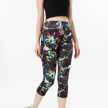 Three-color Water Drop Print Yoga Pants Pocket Cropped Leggings - D&A