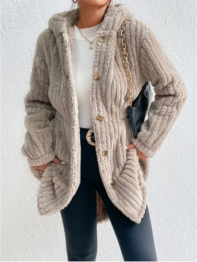 Button Front Hooded Teddy Coat - D&A
