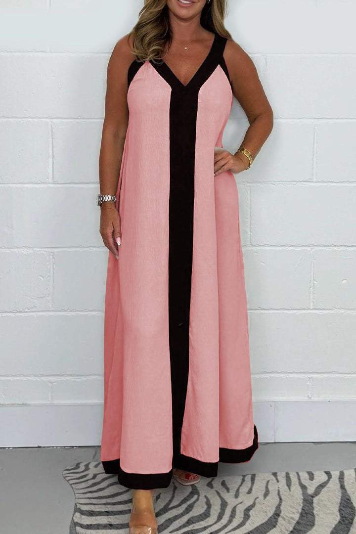 Casual Loose Contrast Color V-neck Sleeveless Long Dress Pink - D&A