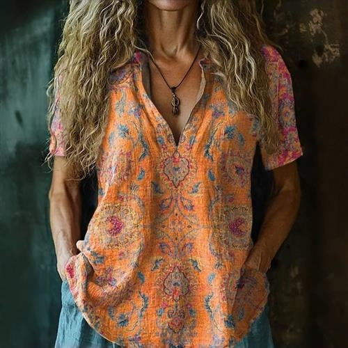 3D Printed Women's Spring And Summer Loose V-neck Short Sleeve Top - D&A