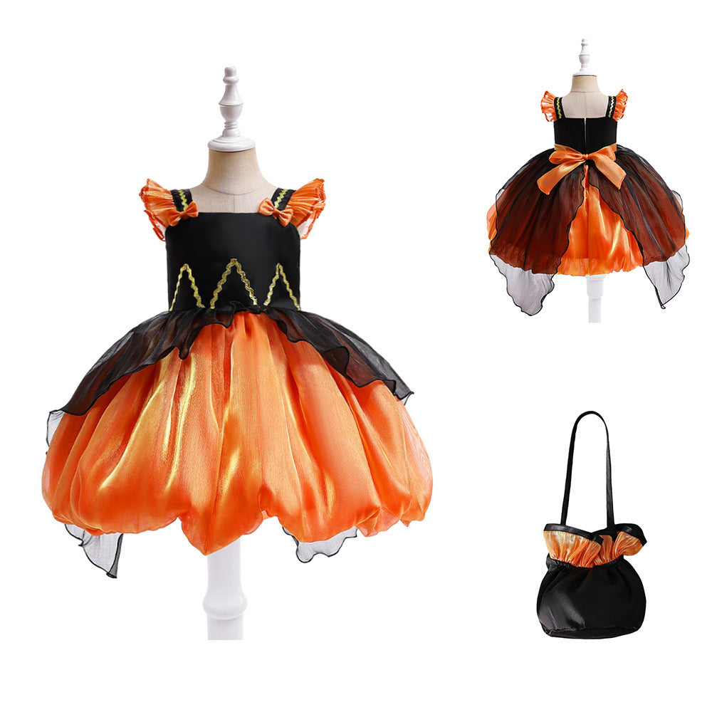 Halloween Witch Performance Costume Princess Dress Black Orange With Bag - D&A