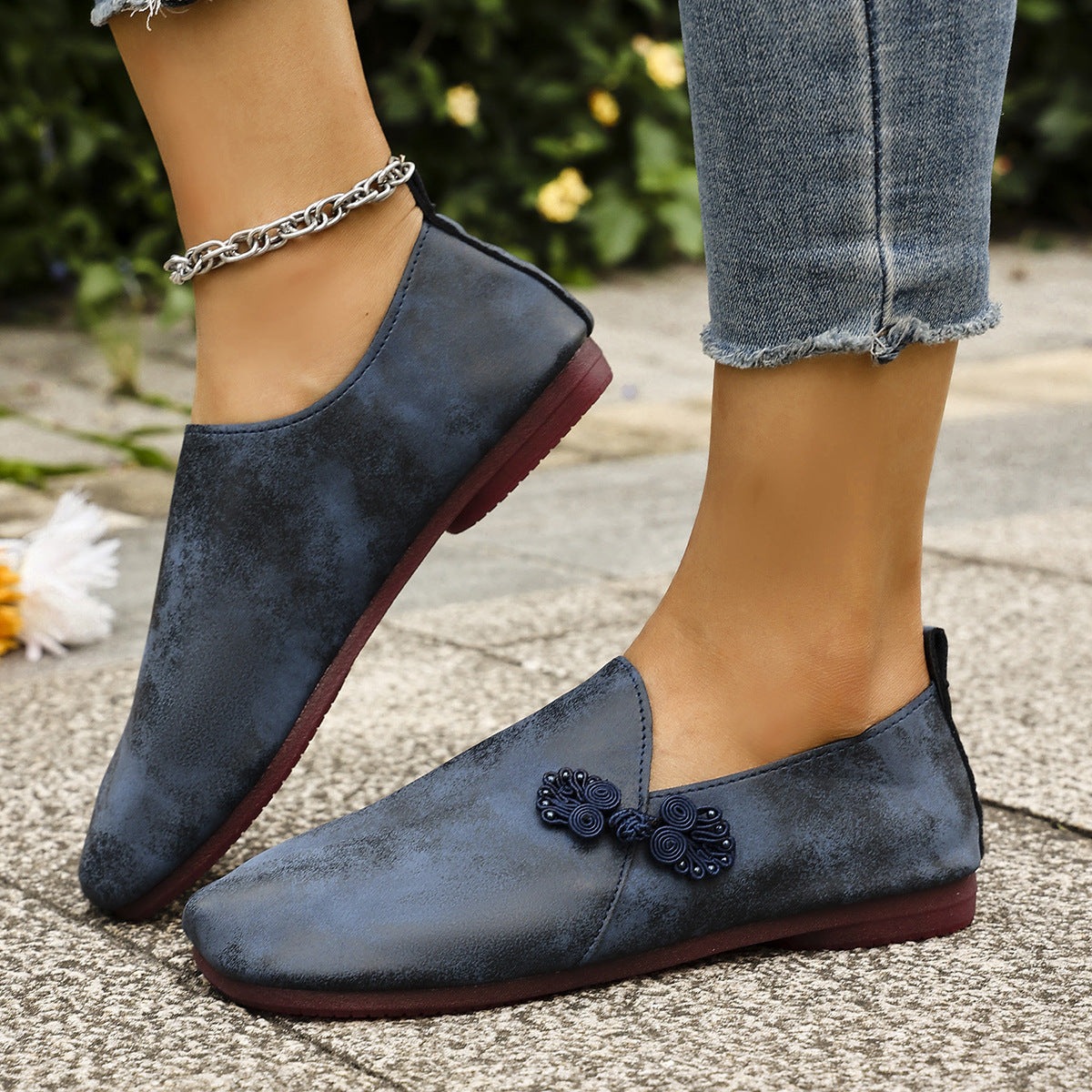 New Slippers Retro Buckle Closed-toe Slippers Women Navy Blue - D&A