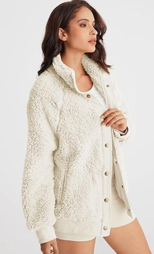 Winter Long Sleeve Button Sherpa Jacket Coat Pockets - D&A
